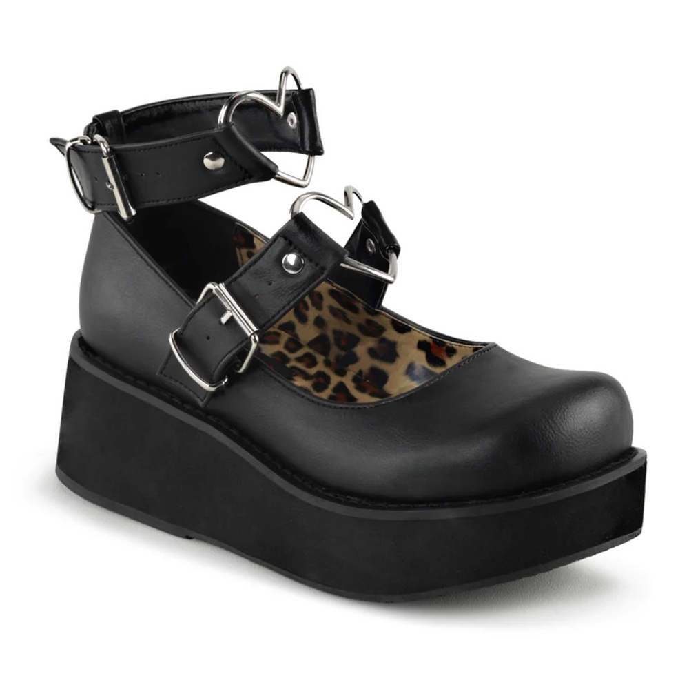 Demonia Sprite-02 Platform black vegan leather heart buckles flatform mary jane